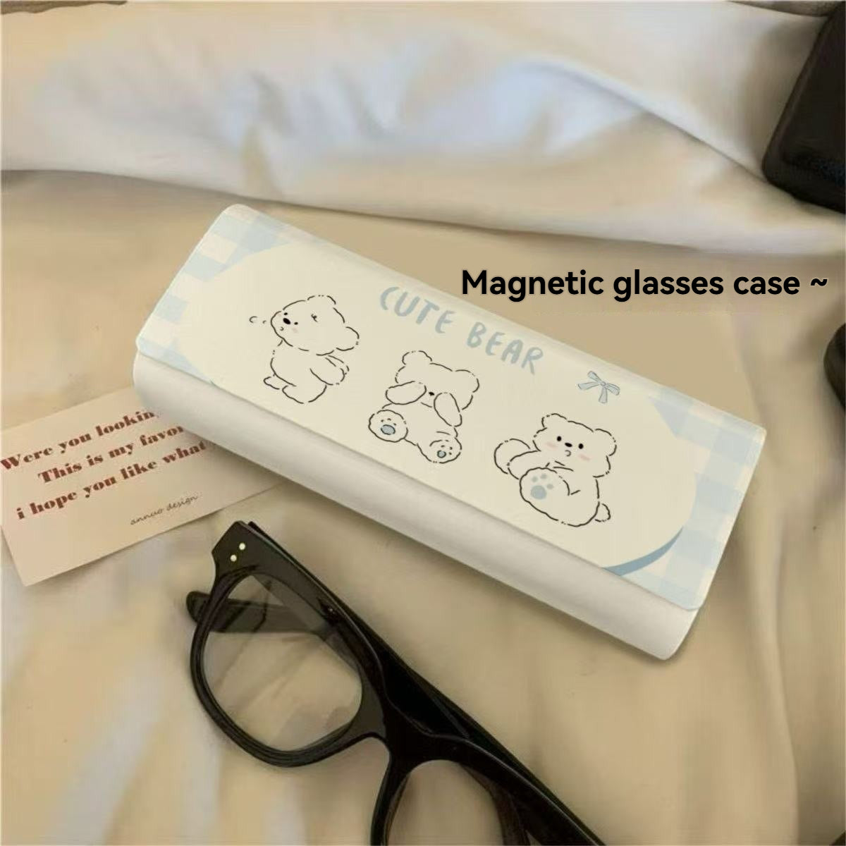 Blue Plaid Bear Pu Leather High-Looking Student Portable Myopia Sunglasses Case Anti-Pressure Magnetic Eye Box